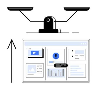 Balance Scale and Data Presentation with Upward Arrow Signifying Growth and.. Illustrazione stock