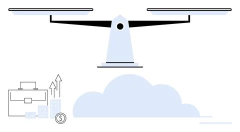 Balance scale centered above cloud with business briefcase and financial grow 스톡 일러스트