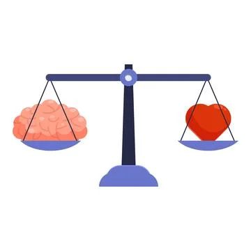 Balance scale comparing human heart and brain weighing logic versus feelings Illustrazione stock