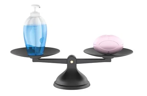 Balance scale comparing a liquid soap and bar soap. 3D rendering Stock Illustration