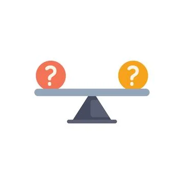 Balance scale comparing two question marks balancing perfectly on white bac.. Illustrazione stock