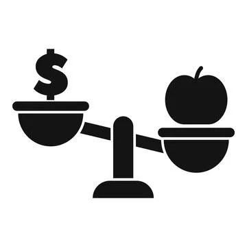 Balance scale comparing value of money and healthy food, black and white icon Illustrazione stock