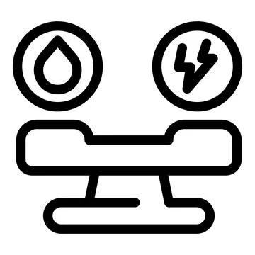 Balance scale comparing water drop and lightning bolt symbolizing hydroelectric Illustrazione stock