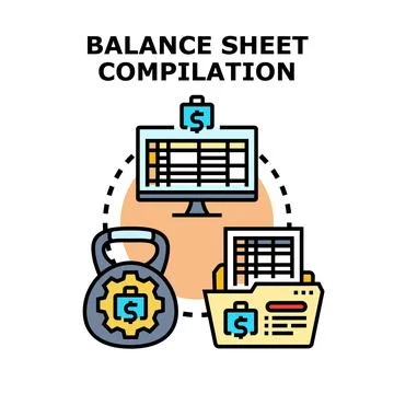 Balance sheet compilation process with financial data management Stock Illustration