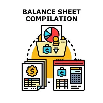 Balance sheet compilation process illustrating financial data analysis Stock Illustration
