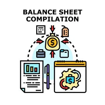 Balance sheet compilation process illustrating financial accounting Stock Illustration