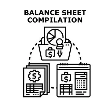 Balance sheet compilation process illustrating financial data analysis Stock Illustration