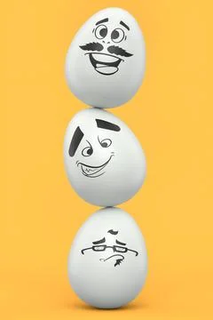 Balance of stack farm egg with expressions and funny face on yellow background Ilustração Stock