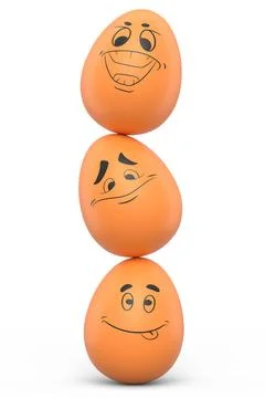 Balance of stack farm egg with expressions and funny face on white background Ilustração Stock