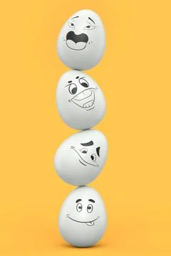 Balance of stack farm egg with expressions and funny face on yellow backgroun Ilustração Stock