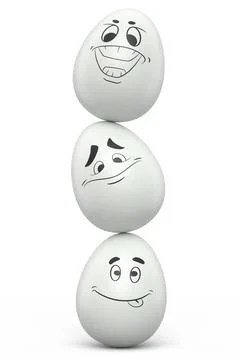 Balance of stack farm egg with expressions and funny face on white background Ilustração Stock