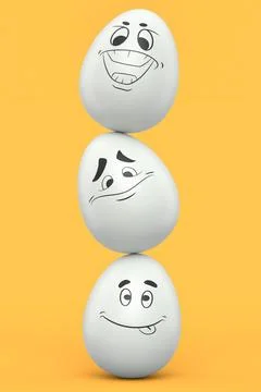 Balance of stack farm egg with expressions and funny face on yellow backgroun Ilustração Stock
