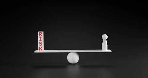 Balance stack of RISK blocks and human doll figure on a scale. Symbolizes r.. Stock Photos