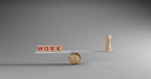 Balance stack of WORK blocks and human doll figure on a scale. Symbolizes w.. Stock Photos