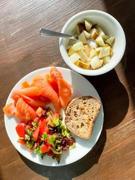 Balanced Breakfast with Salmon Stock Photos