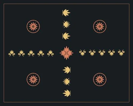 A balanced charcoal composition arranges gold and coral botanical ornaments.. Stock Illustration