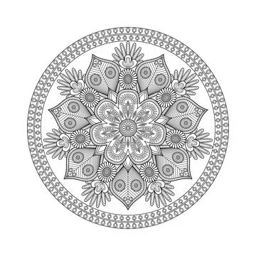 A balanced circular flower composition features repeating petals, leaves, a.. Stock Illustration