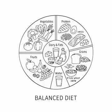 Balanced diet food groups chart, healthy eating infographic Silhouette Stock Illustration