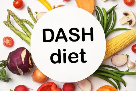 Balanced food for DASH diet to stop hypertension. Assortment of fresh vegetab Stock Photos
