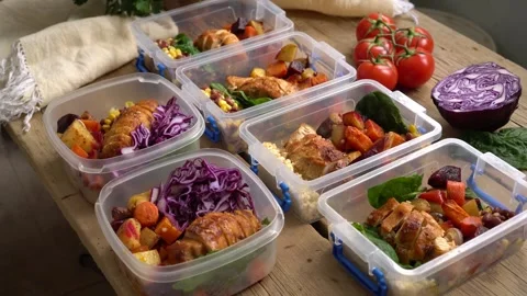 Balanced lunch, Meal Prep Containers. Portioned food storage Stock Footage 316810811