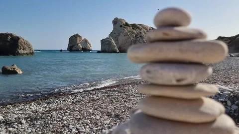 Balanced Pebbles Zen Stack Aphrodite Beach Cyprus Stock Footage 330861241