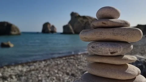 Balanced Pebbles Zen Stack Aphrodite Beach Cyprus Stock Footage 330861248