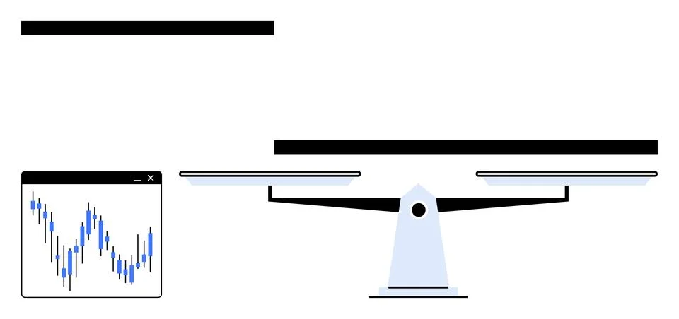 Balanced scale with chart window depicting fluctuating data, conveying financ Illustrazione stock