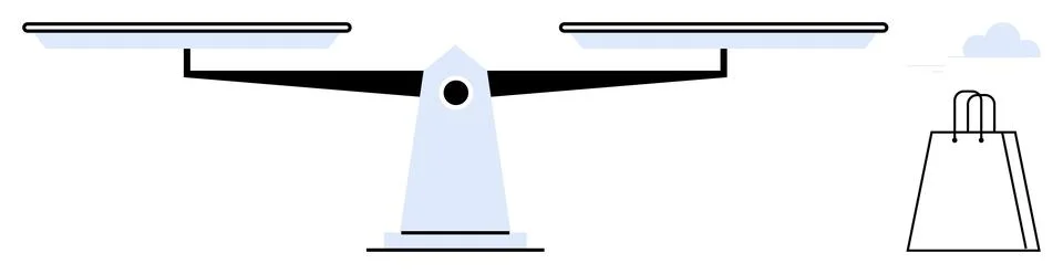 Balanced scale with two trays juxtaposed against a shopping bag. Ideal for fi Stock Illustration