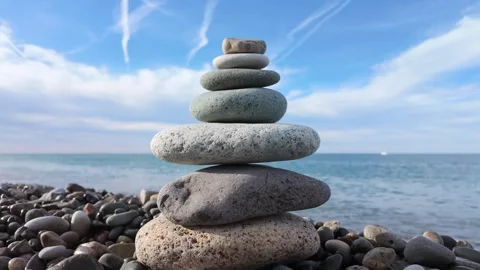 Balanced Stone Cairn On Pebble Beach Shore Stock Footage 342268087