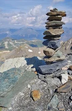 Balanced Stone Stack on Mountain Landscape Stock Photos