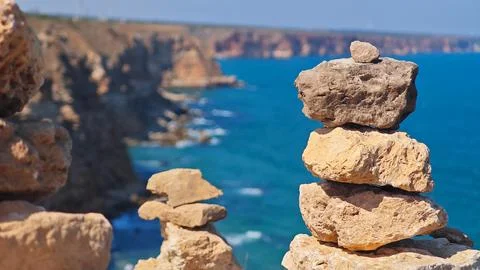 Balanced stone stack overlooking Cape Kaliakra and the Black Sea, Bulgaria Photos