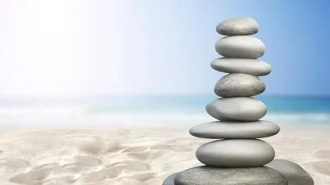 Balanced stones standing on the beach sand. 3D illustration Stock Illustration