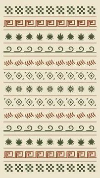 A balanced vertical repeat combines Greek keys, leaves, waves, diamonds, fl.. Stock Illustration
