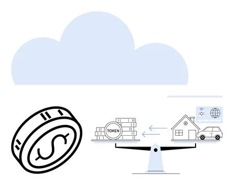 Balancing act with digital token stacks on one side and house, car on the oth 库存插图