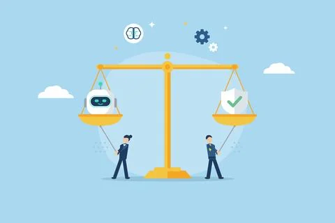 Balancing Artificial Intelligence And Data Security On Justice Scales 스톡 일러스트