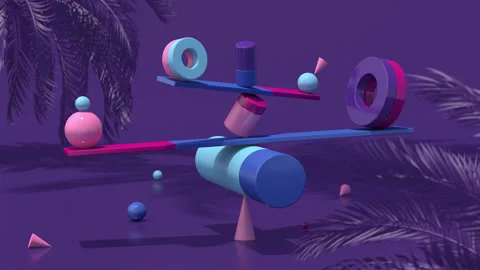 Balancing geometric shapes, palm tree. 3d render. Stock Footage 155902691