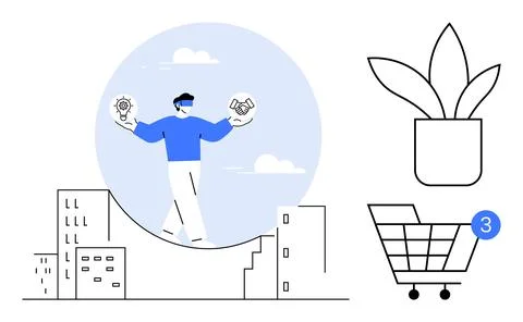 Balancing ideas and partnerships while browsing and shopping online in mode.. Ilustração Stock