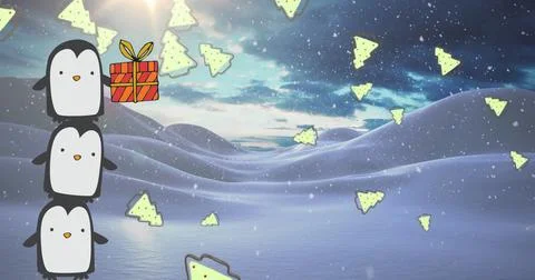 Balancing penguins stacking in snowy hills, with gift box, suitcase holding tree Stock Illustration