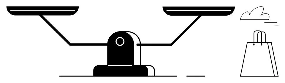 Balancing scale with two empty trays, a shopping bag, and a cloud. Ideal for  Stock Illustration