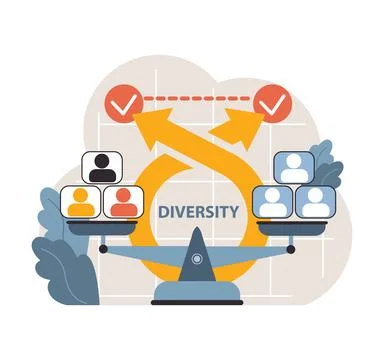 Balancing scales showcasing diverse workforce. Flat vector illustration Stock Illustration