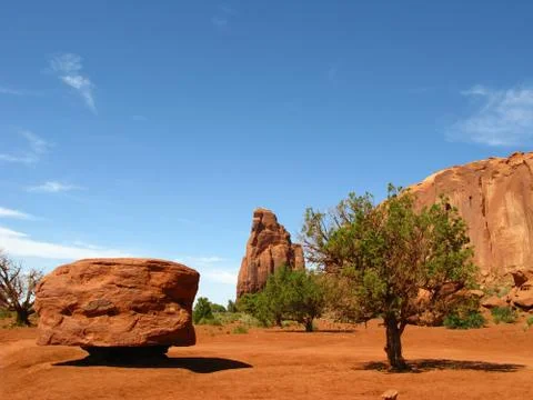 Balancing Stone and Tree in Monument Valley Stock Photos