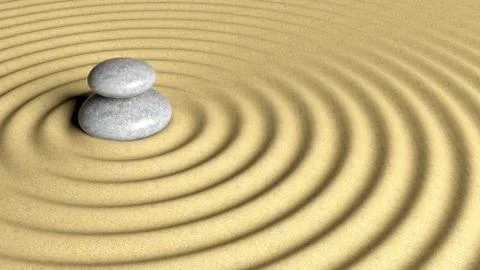 Balancing Zen stones stack from large to small on sand with circular ripples. Illustration