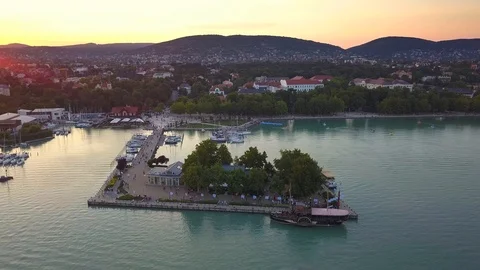 Balatonfured, Hungary - drone orbiting around yacht marina and boat station Stock Footage 92523534