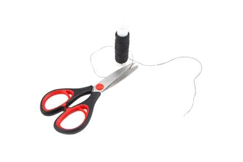Balck thread and scissors on white background Stock Photos