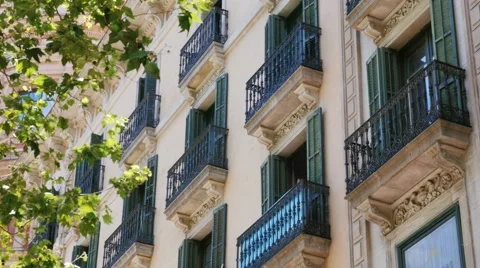 Balconies of an old building in Barcelona Stock Footage 64995983