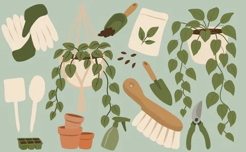 Balcony Gardening Elements Collection Stock Illustration