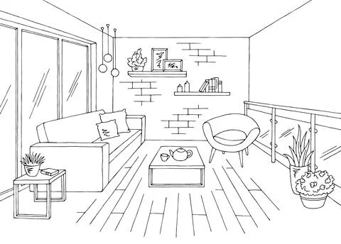 Balcony graphic black white interior sketch illustration vector Ilustración de archivo