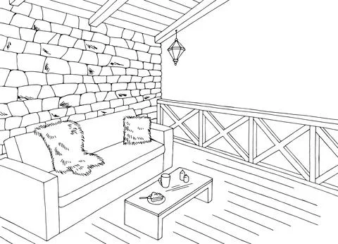 Balcony graphic black white interior sketch illustration vector Stock Illustration