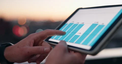 Balcony, hands and scroll outdoor with tablet screen, data analysis and real Stock Footage 340636198