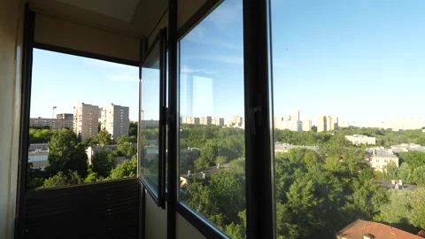 On the balcony, inside the loggia in new building, beautiful view from balcony Stock Footage 244659065